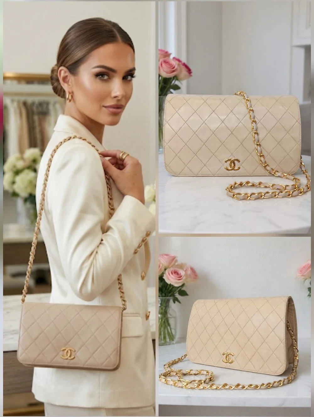 Chanel ✨️ Vintage Medium Full Flap Cream Beige Lambskin 24K GHW